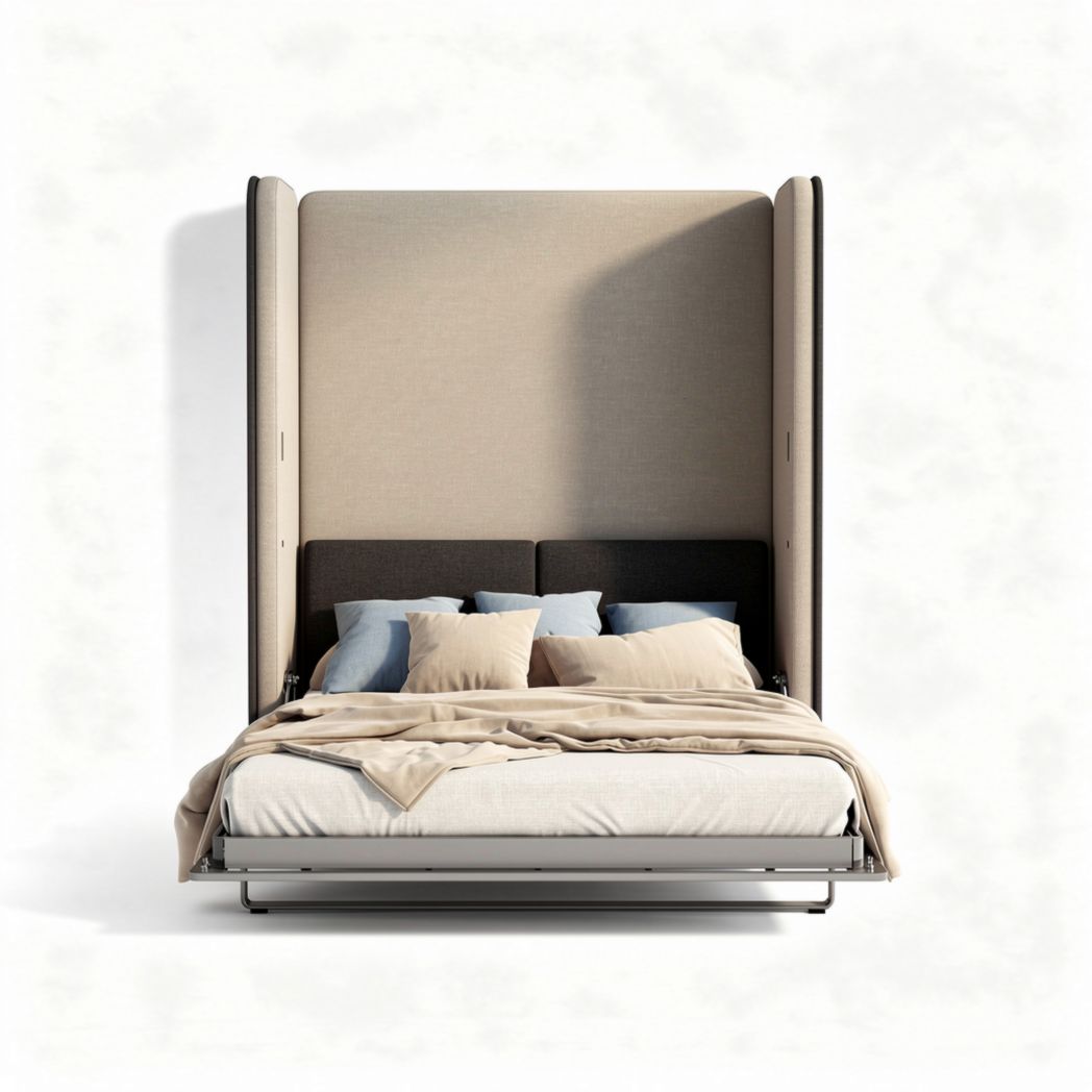 Lit escamotable en tissu beige avec matelas 210 x 160 x 120cm et coussins décoratifs