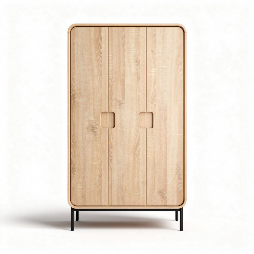 Armoire en bois naturel trois portes 180 x 90 x 45cm avec pieds en métal