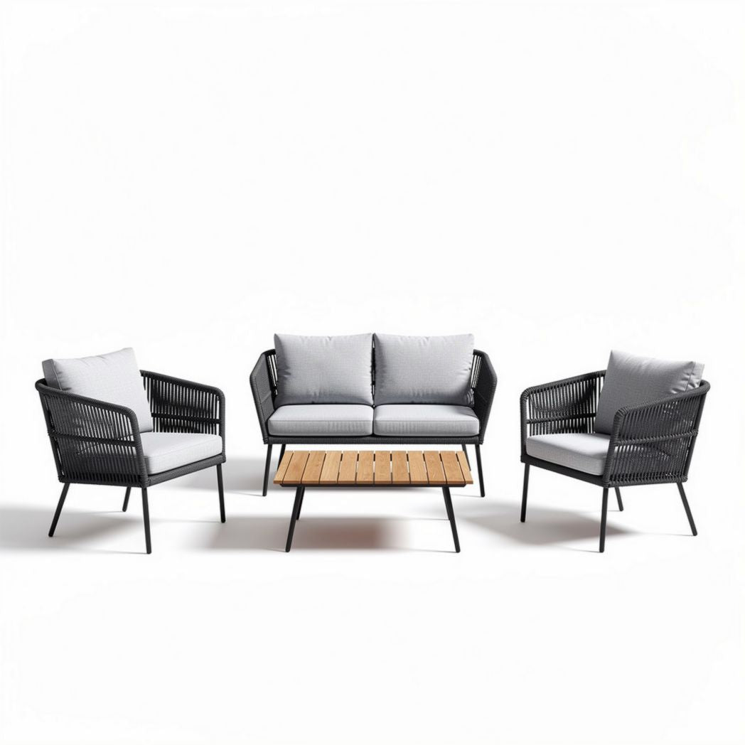 Salon de jardin en aluminium noir avec coussins gris et table en bois 150 x 80 x 70cm
