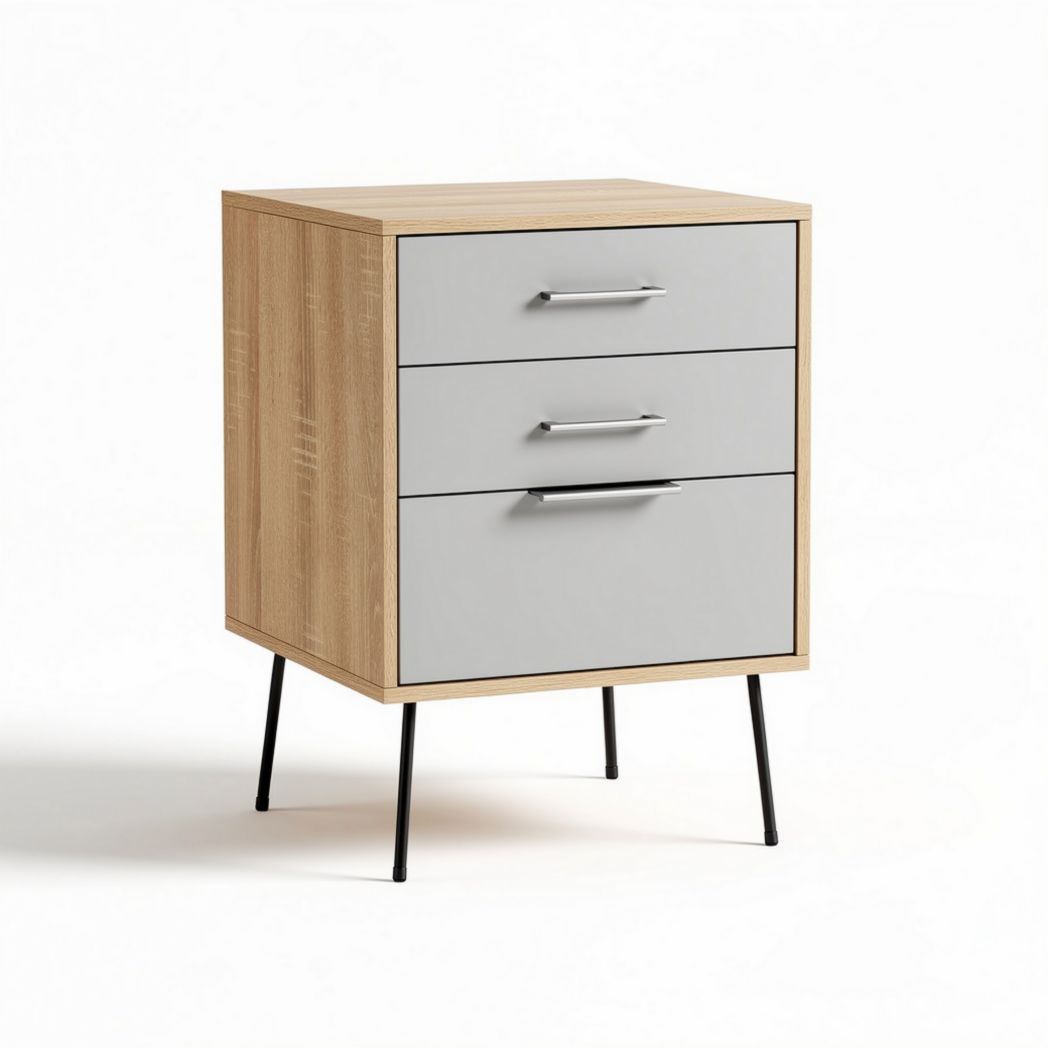 Meuble de rangement en bois clair et gris avec trois tiroirs 40 x 40 x 60cm