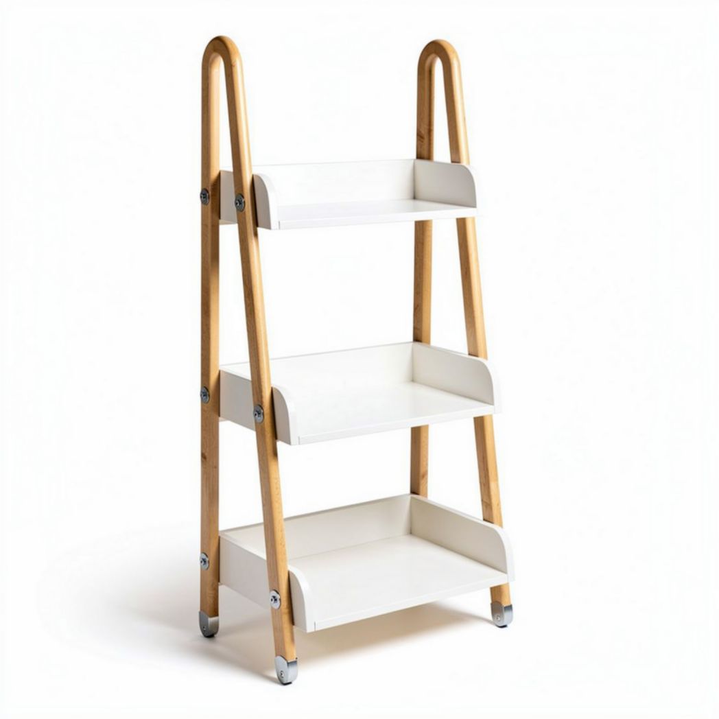 Étagère à échelle en bambou et métal blanc 75 x 40 x 110 cm pour rangement intérieur