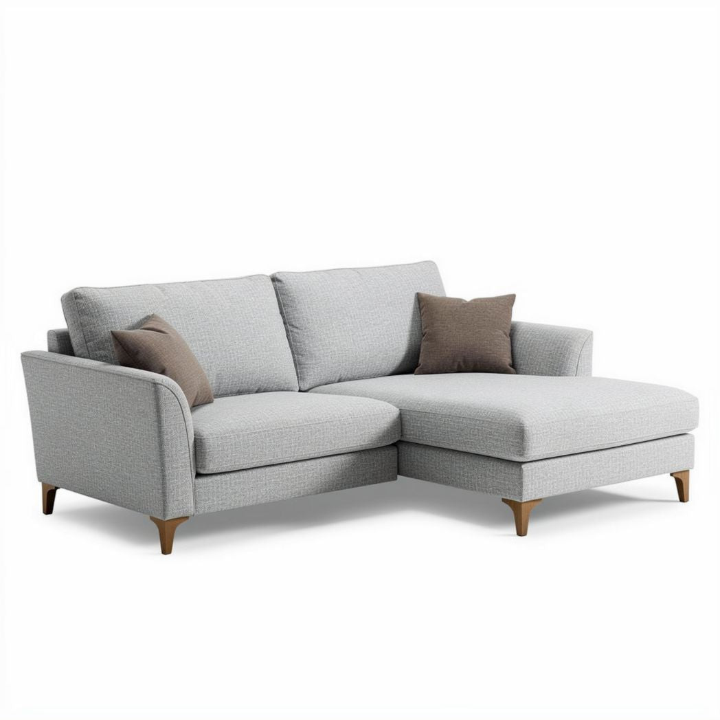 Canapé d'angle en tissu gris avec coussins décoratifs 210 x 90 x 85cm