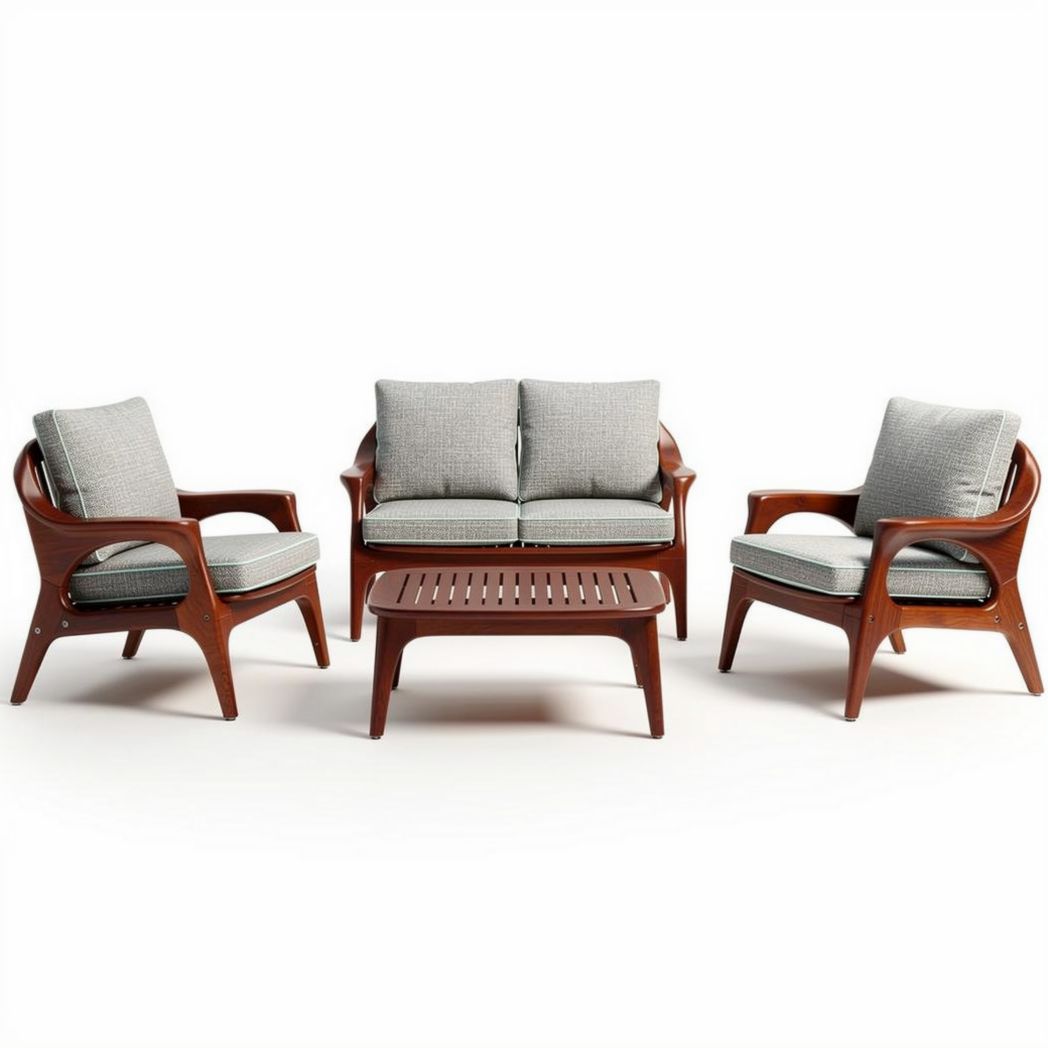 Canapé et fauteuils en bois avec coussins gris dimensions 90 x 80 x 70cm