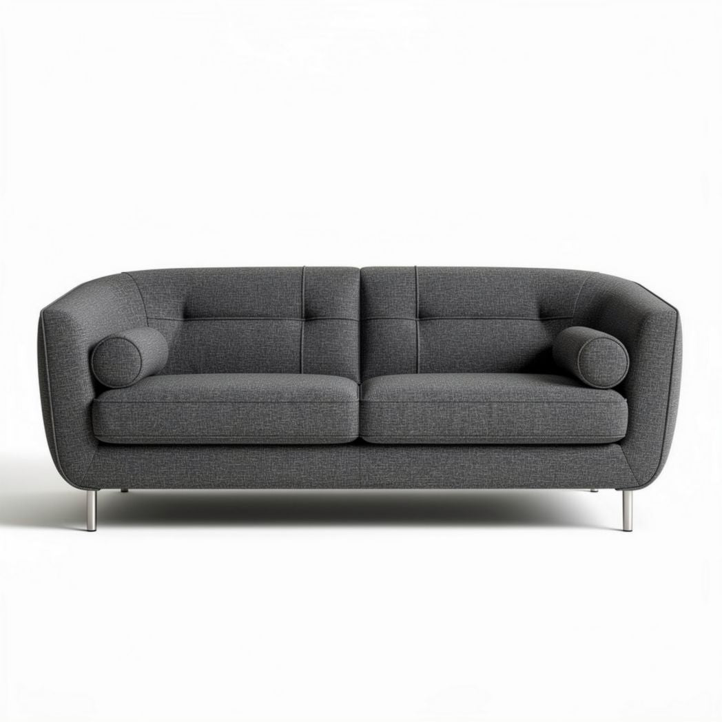Canapé en tissu gris avec deux coussins latéraux dimensions 200 x 90 x 85cm